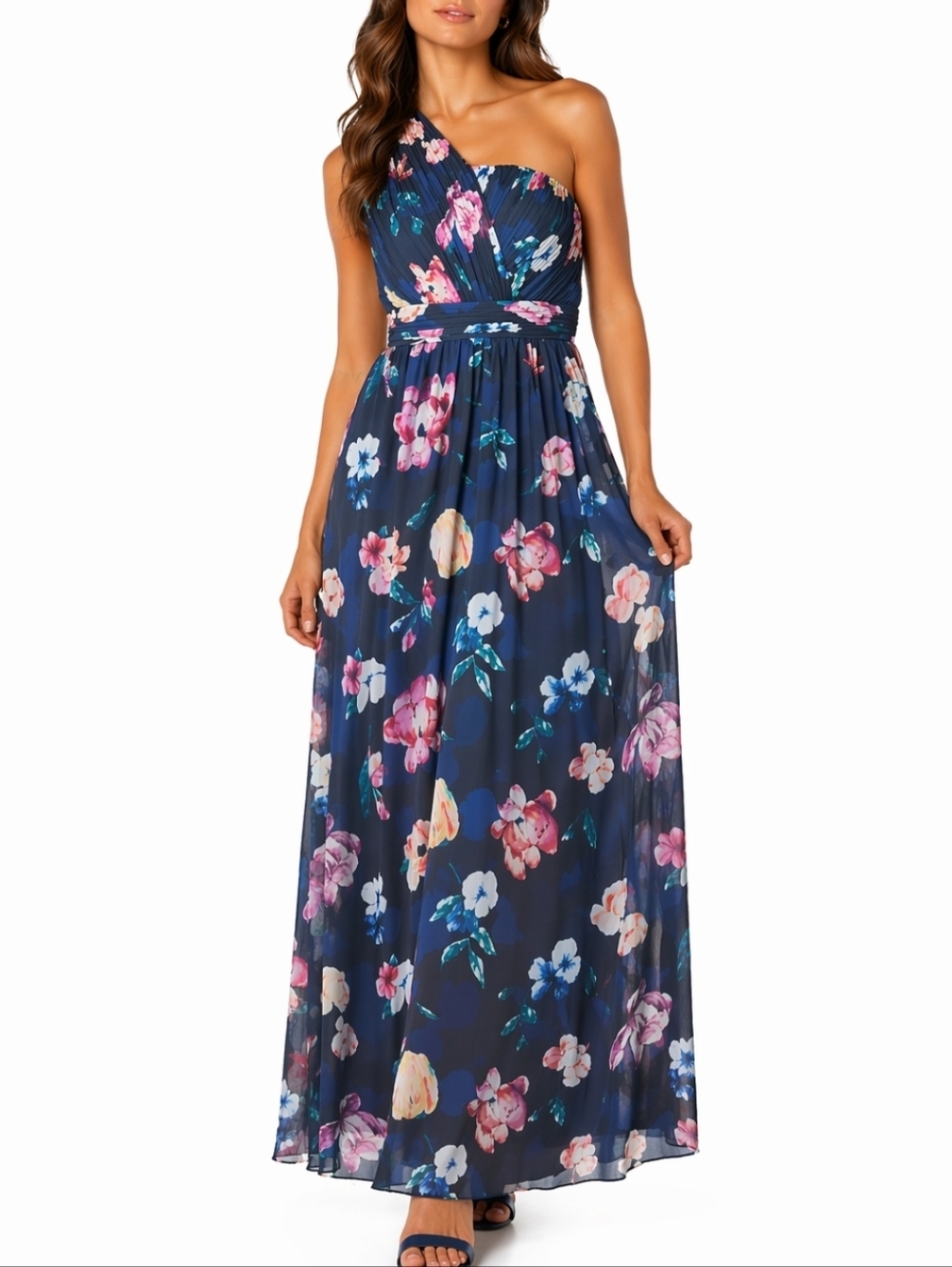 NWT Smash! Poinsetia Navy Blue Multi-Color Floral Print One Shoulder Maxi Dress